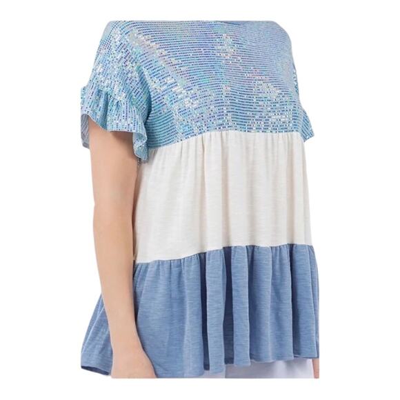 Unbranded NWOT Ruffle Sleeve Babydoll Light Blue Sequin Ivory Denim Blue Top SM - Picture 10 of 11